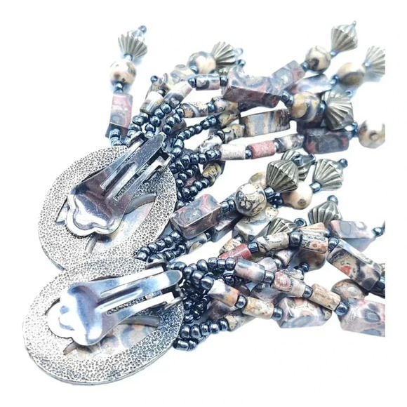 Brown Leopard Jasper Dangle Drop Boho Earrings Silver Tone Vintage - Picture 5 of 7